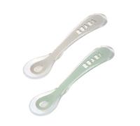BÉABA, Lot de 2 Cuillères en Silicone Bébé/Enfant 2ème âge, à partir de 12 mois, Souple, Bout arrondi, Manche long et Ergonomique, Boite de transport incluse, Velvet grey/Sage green