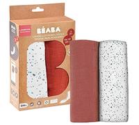 BÉABA, Lot de 2 Langes Bébé, Mousseline de Coton Biologique, Multi-usages : Couverture emmaillotage, Bavoir, Couverture nomade, Doudou, Ultra doux, Respirant,120cm, Ecologique et Sain, Brique/Terrazzo