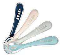BÉABA, Lot de 4 Cuillères en Silicone pour Bébé et Enfant, 2ème Âge, à partir de 8 mois, Souple, Bout arrondi, Manche Ergonomique, Set Barbe à papa / Guimauve / Vert de gris / Lila