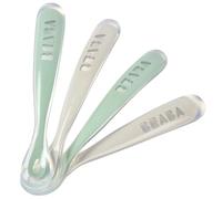 Béaba - Lot de 4 Cuillères en Silicone Bébé / Enfant 1er Âge - Dès 4 mois, Souple - Bout arrondi - Manche long et Ergonomique, Velvet grey/sage green