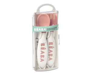 Beaba Second Stage Couverts, cuillère et fourchette ergonomiques pour bébé avec étui de voyage, rose