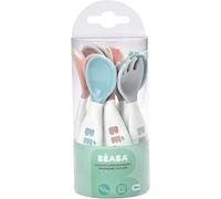 BÉABA, Set Premiers Couverts ergonomiques, Lot de 6 Cuillères & 4 Fourchettes, Manche court et arrondis, Prise en main facile pour Bébé, Adaptée aux droitiers et aux gauchers, Gris/Bleu/Rose