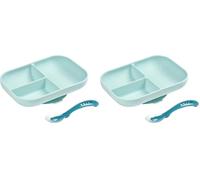 Béaba, Set Repas Bébé, Avec Ventouse, Anti dérapant, Assiette Silicone Compartimentée + Cuillère, Sain et Durable, Compatible lave-vaisselle, Micro-onde, Congélateur, Facile d'entretien, Bleu