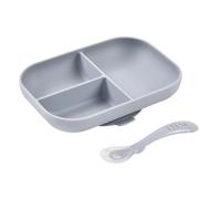 Beaba - Set repas silicone assiette compartimentée et cuillère - Galet