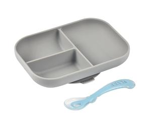 Beaba - Set repas silicone assiette compartimentée et cuillère - Grey
