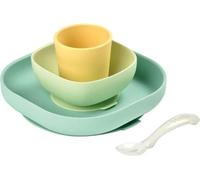BEABA Set vaisselle silicone repas bébé, 4 pieces, avec ventouse, anti-dérapant, jaune