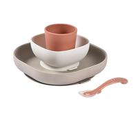 BÉABA, Set Vaisselle Silicone Repas Bébé, Avec Ventouse, Anti-dérapant, 4 Pièces, Assiette + Bol+ Verre + Cuillère, Silicone Saine et Durable, Compatible lave-vaisselle, Micro-onde, Terracotta