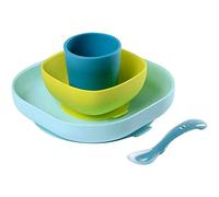 BÉABA, Set Vaisselle Silicone Repas Bébé, Avec Ventouse, Anti-dérapant, 4 Pièces, Assiette + Bol+ Verre + Cuillère, Silicone Saine et Durable, Compatible lave-vaisselle, Micro-onde, Bleu