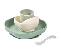 BÉABA, Set Vaisselle Silicone Repas Bébé, Avec Ventouse, Anti-dérapant, 4 Pièces, Assiette + Bol+ Verre + Cuillère, Silicone Saine et Durable, Compatible lave-vaisselle, Micro-onde, Vert Sauge