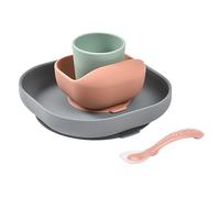 Béaba Set Vaisselle Silicone Repas Bébé, Avec Ventouse, Anti-dérapant, 4 Pièces, Assiette + Bol+ Verre + Cuillère, Silicone Saine Et Durable, Compatible Lave-vaisselle, Micro-onde, Mineral