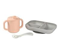 BÉABA, Set Vaisselle Silicone Repas Bébé, Coffret Repas d'apprentissage, 3 Pièces, Assiette compartimenté + Tasse + Cuillère, Silicone Saine et Durable, Compatible lave-vaisselle, Micro-onde, Rose