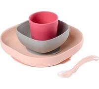 BÉABA - Set Vaisselle Silicone Repas Bébé - Ventouse - Anti-dérapant - 4 Pieces - Rose