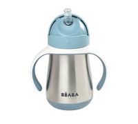 BÉABA, Biberon/Tasse d'apprentissage/Gourde Bébé 2 en 1 Inox, Tasse Paille Enfant, 100% étanche, Anti-fuite, Facile à Ouvrir, Poignées amovibles, Matière Inox, Sain, Solide, 250 ml, Blue