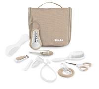 BÉABA Trousse de Toilette Bébé Nomade - 10 Accessoires Soins Dès la Naissance - Crochet Rotatif, Format Compact, Double Zip - Thermomètres, Coupe-Ongles, Mouche-Bébé, Brosse - Coloris Argile