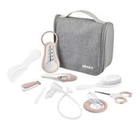 BÉABA Trousse de Toilette Bébé Nomade - 10 Accessoires Soins Dès la Naissance - Crochet Rotatif, Format Compact, Double Zip - Thermomètres, Coupe-Ongles, Mouche-Bébé, Brosse - Coloris Rose
