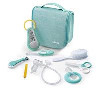 BÉABA, Trousse de Toilette Bébé Nomade - 9 Accessoires dont Thermomètre de Bain, Thermomètre Digital, Anneau de Dentition, Masseur de Gencives, Mouche Bébé Manuel, Vert d'eau