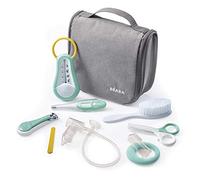BÉABA, Trousse de Toilette Bébé Nomade - 9 Accessoires dont Thermomètre de Bain, Thermomètre Digital, Anneau de Dentition, Masseur de Gencives, Mouche Bébé Manuel, Grise