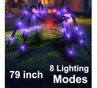 BEABOO 8 modes d'araignée géante d'Halloween de 2 m, araignée lumineuse avec 24 lumières violettes, décorations d'Halloween lumineuses à l'extérieur, pour cour, maison hantée, fenêtre, porche