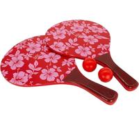 Beach Ball 3269 - Jeu rétro en bois - Rouge avec motif floral - 2 raquettes en bois et 2 balles - Pour les loisirs - Pour la plage et le jardin