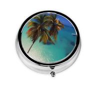Beach Coconut Sunshine Mini pilulier rond léger et portable, avec 3 inserts en plastique, convient pour le transport dans les poches ou les portefeuilles.