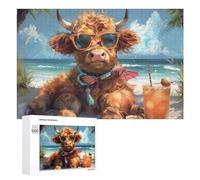 Beach Cow with Cocktail - Puzzle De Table pour Adultes, 1000 PCS, Décoration Intérieure De Saison, pour Un Loisir Créatif en Intérieur