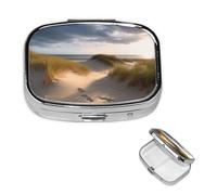 Beach Dunes Pilulier décoratif à 2 compartiments avec miroir pour sac à main ou poche Petit pilulier carré en métal pour médicaments, comprimés et vitamines, cadeau de voyage