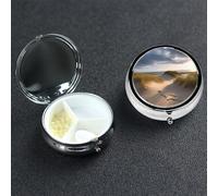 Beach Dunes Pilulier décoratif à 3 compartiments avec miroir pour sac à main ou poche Petit pilulier rond en métal pour médicaments, comprimés et vitamines, cadeau de voyage