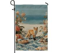 Beach Fox Drapeau floral de jardin, bannière de décoration d'intérieur avec fleurs bleues et corail, drapeau double face en toile de jute, décoration extérieure d'été, 30,5 x 45,7 cm