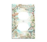 Beach House Rules Plaque murale duplex pour salle de bain, marguerites rustiques côtières, coquillages d'été, turquoise, taille standard, double prise de courant pour décoration de maison, salon