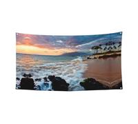 Beach Maui Hawaii Sunset Sea Waves Clouds Impression Extérieur Intérieur Bannière Décoration Vacances avec 4 œillets en métal pour créer une atmosphère festive