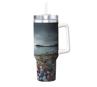 Beach Stone Print Ice Bully 1,2 l avec poignée et paille isotherme - Bouteille isotherme pour boissons chaudes et froides