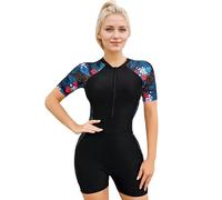 BEACHKINI Maillot de Bain Une Pièce à Manches Courtes pour Femme, Fermeture éclair, Maillot de Surf et de Plongée, 86 Fleurs Rouges, M