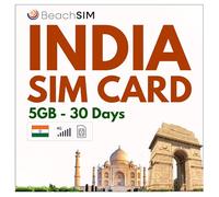 BeachSIM Carte SIM Inde. 5 GB de données à des Vitesses 4G/5G. Données prépayées Uniquement SIM. Recharge Facile. Fonctionne sur Les appareils iOS et Android. Valable 30 Jours.