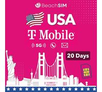 BeachSIM Carte SIM prépayée USA 20 Jours. Données 5G, appels et SMS illimités.Réseau T-Mobile. Compatible avec iOS et Android.