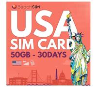 BeachSIM Carte SIM USA 30 Jours. 50 Go de Volume de données avec réseaux 4G/5G. Activation Rapide. Chargement Facile. Données Uniquement. Fonctionne sur Les appareils iOS et Android.