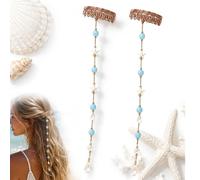 Beachy Mermaid Hair Accent with Starfish & Shell Charms - Hidden Comb Clip 15.6" Blue Bead Hair Chain for Women Summer Vacation Boho Wedding Styling (2PCS)
