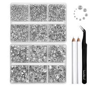 Beadsland 8300 PCS Strass à dos plat,strass ronds en cristal pour ongles travaux manuels,10 tailles mélangées avec kit de crayon de cire et de pince à épiler,SS3-SS30,Cristal