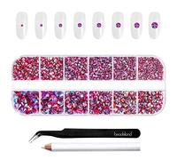 Beadsland Strass à Dos Plat,Siam Clair AB,8 Tailles Assorties,2500 PCS | Rhinestones Rouges AB,SS4-SS30,Matériau en Verre,Nail Art Kit,Visage Pierres Précieuses,Avec des Pinces et un Crayon de Cire