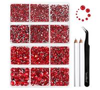 Beadsland Strass à Dos Plat,Siam Léger,10 Tailles Assorties,8300 PCS | Rhinestones Rouge,SS3-SS30,Matériau en Verre,Ongle Nail Art Kit,pour travaux manuels,Avec des Pinces et un Crayon de Cire