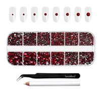 Beadsland Strass à Dos Plat,Sombre Siam,8 Tailles Assorties,2500 PCS | Cristal Rhinestones Rouges,SS4-SS30,Matériau en Verre,Nail Art,Visage Pierres Précieuses,Avec des Pinces et un Crayon de Cire