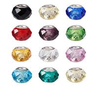 Beadthoven 100 pcs fait main Lampwork européen Large trou Perles, avec poudre de paillettes à l'intérieur et à Argenté Laiton cœurs, rondelles, couleur Mixte, 14 x 9 ~ 10 mm, trou : 5 mm Faceted Glass