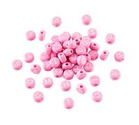 Beadthoven Lot de 200 perles rondes plates en acrylique de l'alphabet avec lettres rondes en vrac, initiales 7 x 4 mm, mini perles de poney rose pour la fabrication de bijoux