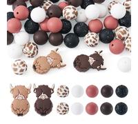 Beadthoven Lot de 52 perles rondes en silicone sur le thème du bétail - Motif léopard - Pour bracelets, colliers, stylos à perler, porte-clés, cordons