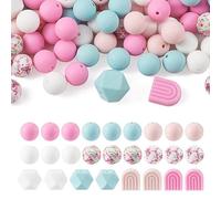 Beadthoven Perles rondes hexagonales en silicone avec imprimé floral rose bleu clair pour la fabrication de bijoux