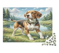 Beagle Carton Mélange de Beagle près d’Un lac dans Un Champ herbeux Puzzle Premium Cadeau de Noël décoratif 70x50cm/1000 pièces