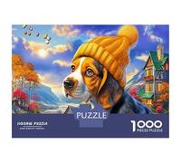 Beagle, Puzzle de Casse-tête en Coffret en Papier épais, Chien avec Bonnet tricoté, Village, activité familiale, Cadeau de Noël, 52x38cm/1000pcs