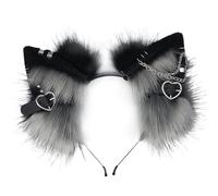 BEAHING Bandeau oreilles de chat : 1 pièce en fourrure avec cœur et chaîne en métal, bandeau gothique Punk Therian avec oreilles d'animaux pour Cosplay Style 2