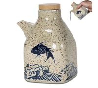 BEAHING Bouteille de sauce soja en céramique 5x3 avec couvercle en bois, distributeur d'huile à motif de poisson Style japonais pour Ponzu, vinaigre, Shoyu