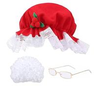 BEAHING Costume de mère noël 4 pièces/Ensemble Comprenant Une Perruque Blanche, Un Chapeau de noël Rouge, des Lunettes, Un Filet à Cheveux, Costume Vieille Dame Taille Unique pour Chris Adulte