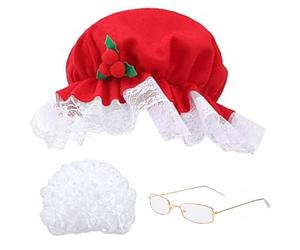 BEAHING Costume de mère noël 4 pièces/Ensemble Comprenant Une Perruque Blanche, Un Chapeau de noël Rouge, des Lunettes, Un Filet à Cheveux, Costume Vieille Dame Taille Unique pour Chris Adulte